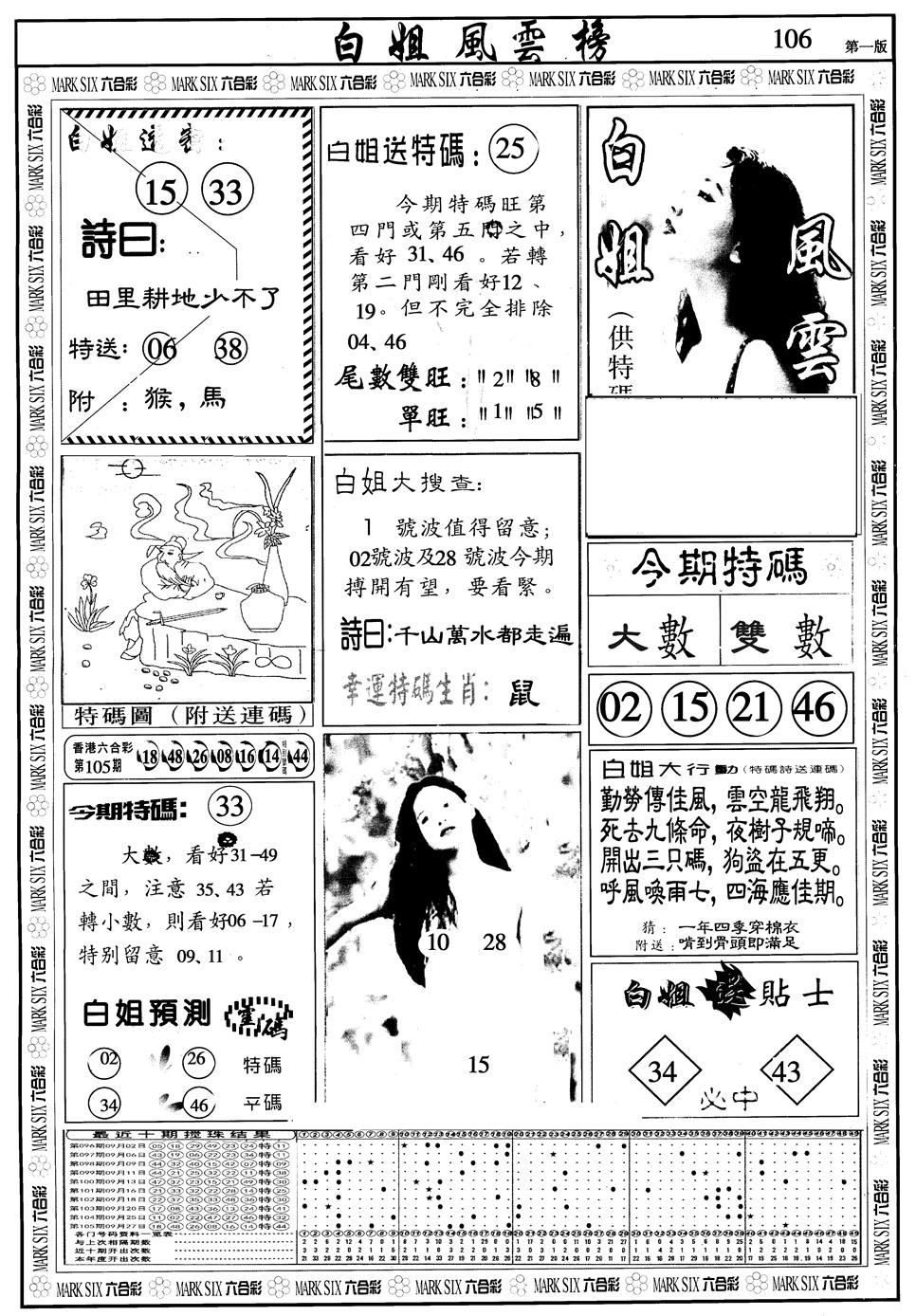 六合彩106期另版白姐风云榜A(黑白)
