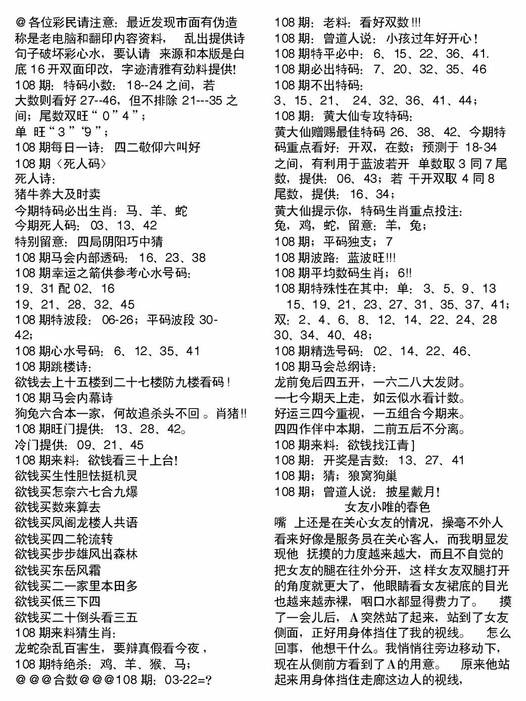 六合彩108期当日电脑综合资料B(黑白)