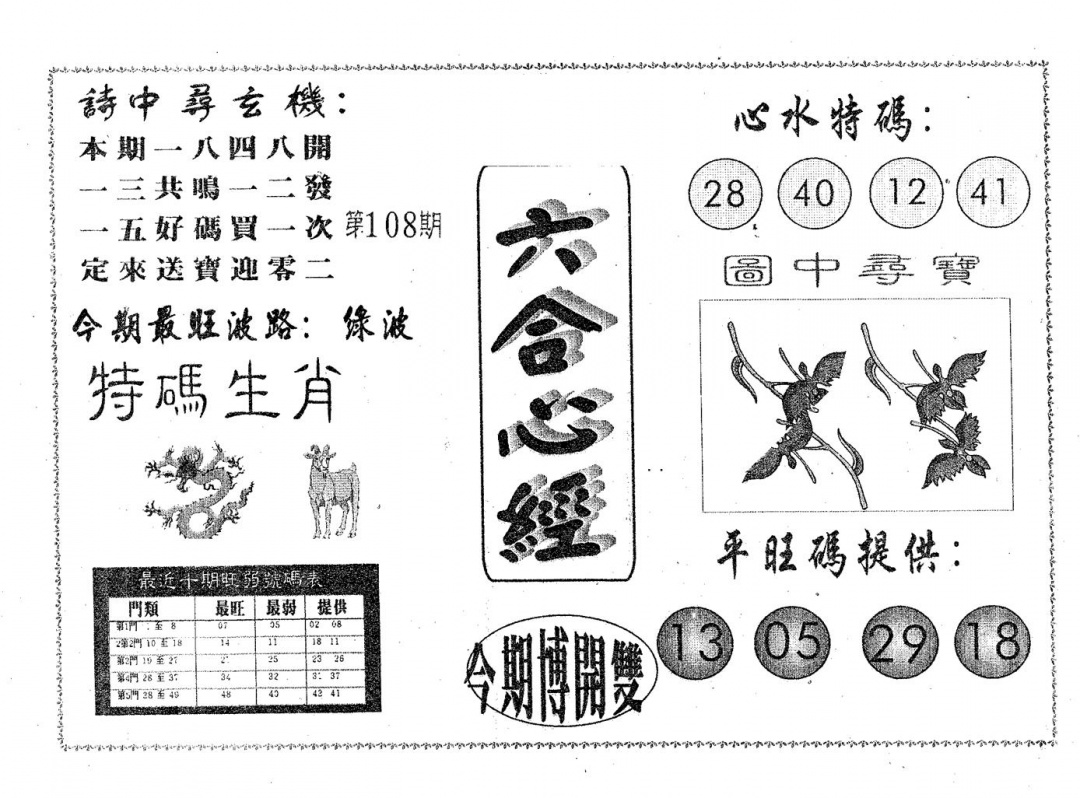 六合彩108期六合心经(黑白)