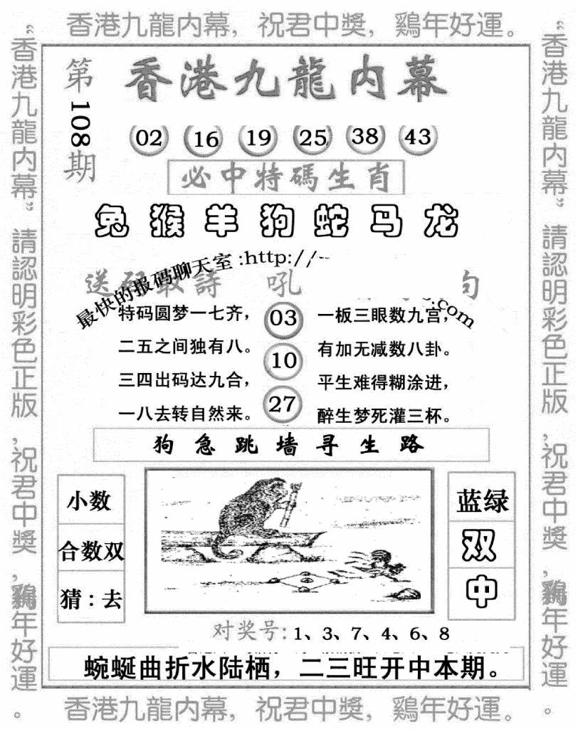 六合彩108期九龙内幕七肖图(新图)(黑白)