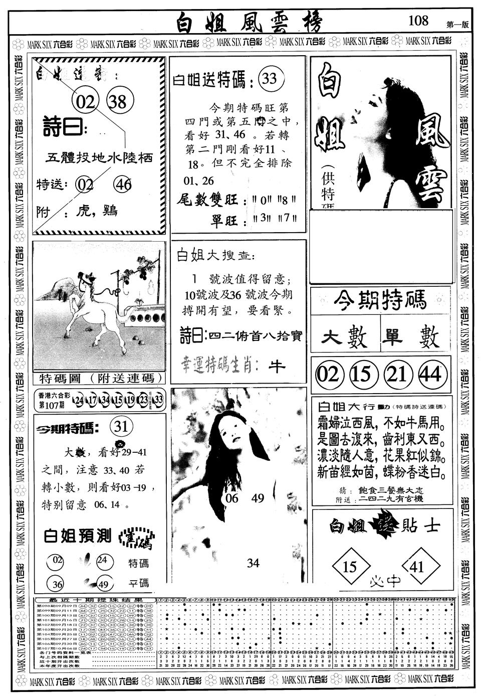 六合彩108期另版白姐风云榜A(黑白)