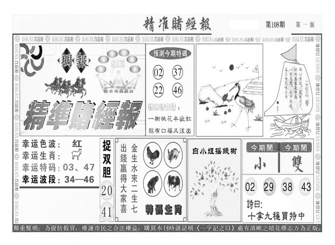 六合彩108期精准赌经报A（新图）(黑白)