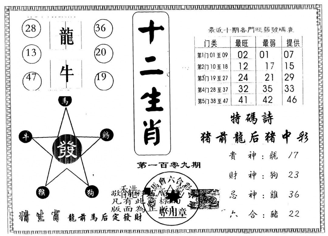 六合彩109期另版十二生肖(黑白)