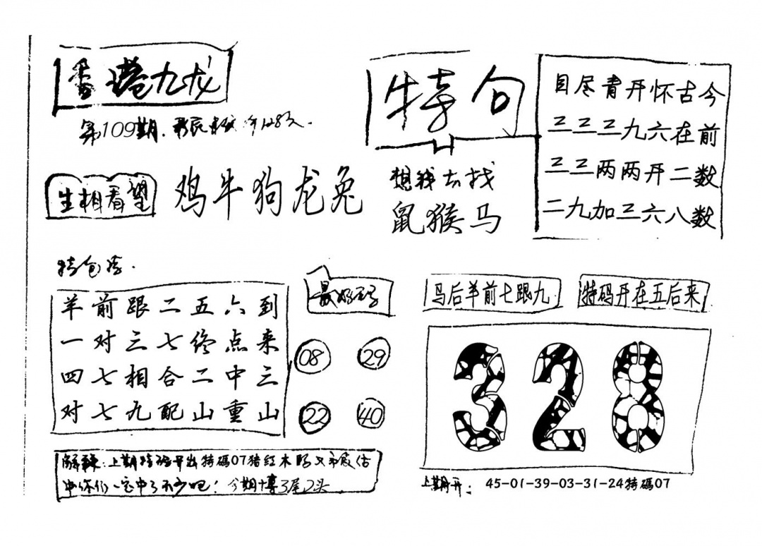六合彩109期香港九龙(新图)手写(黑白)