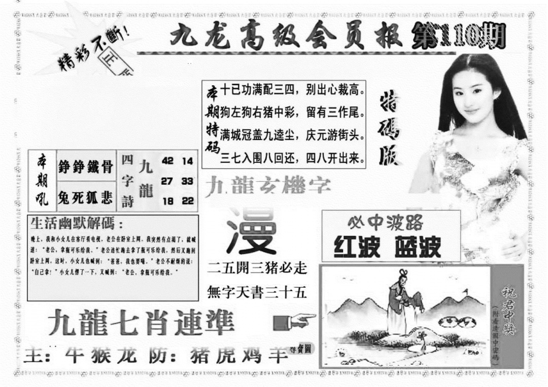 六合彩110期九龙高级会员报(新图)(黑白)
