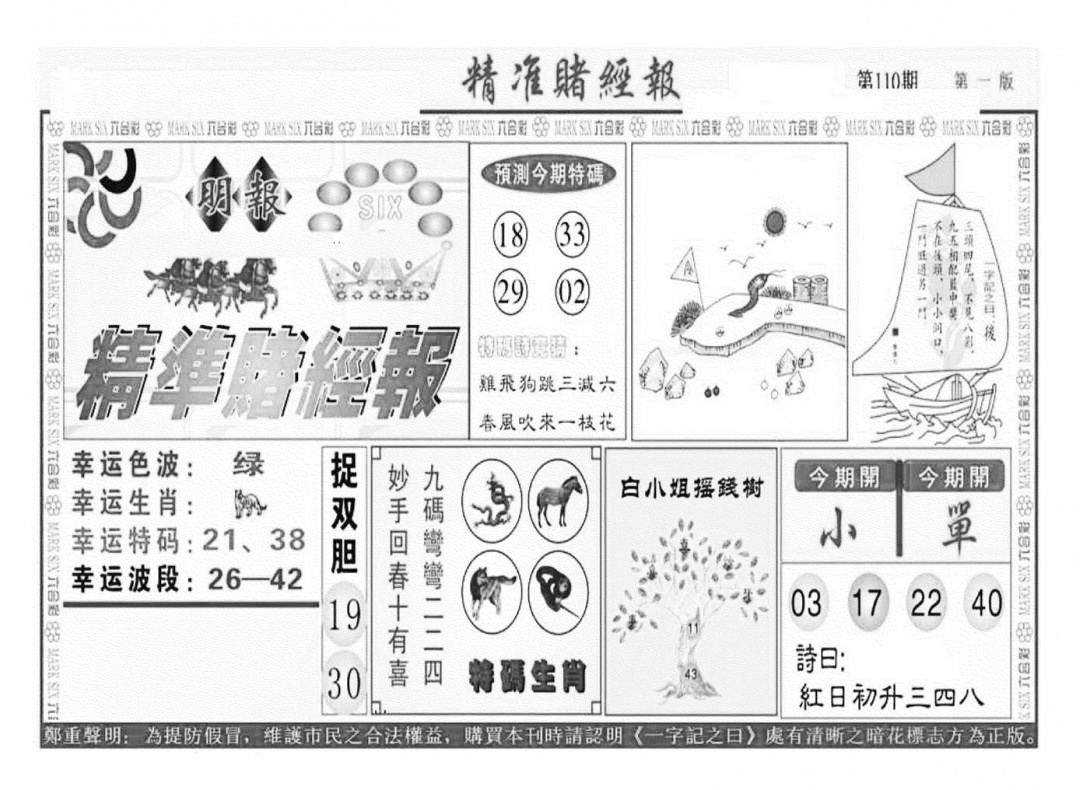 六合彩110期精准赌经报A（新图）(黑白)
