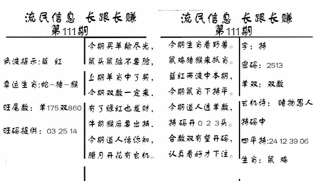 六合彩111期流民信息(黑白)
