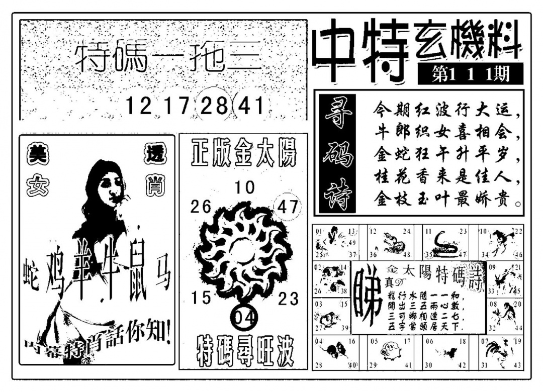 六合彩111期中特玄机料(新图)(黑白)