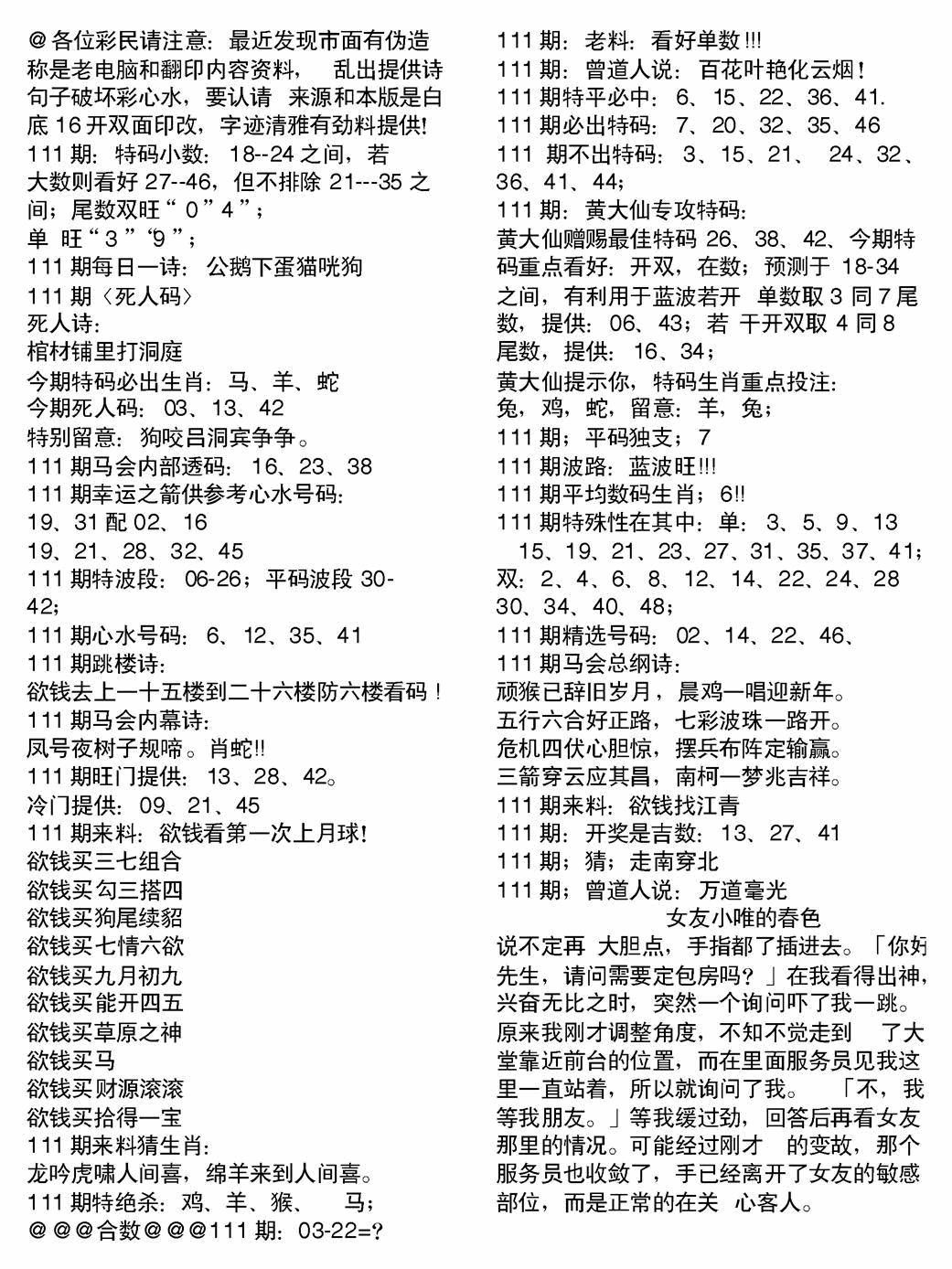 六合彩111期当日电脑综合资料B(黑白)