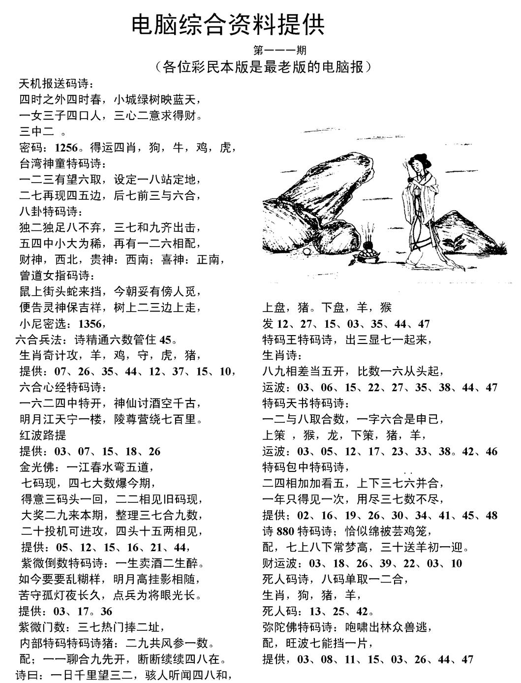 六合彩111期当日电脑综合资料C(黑白)