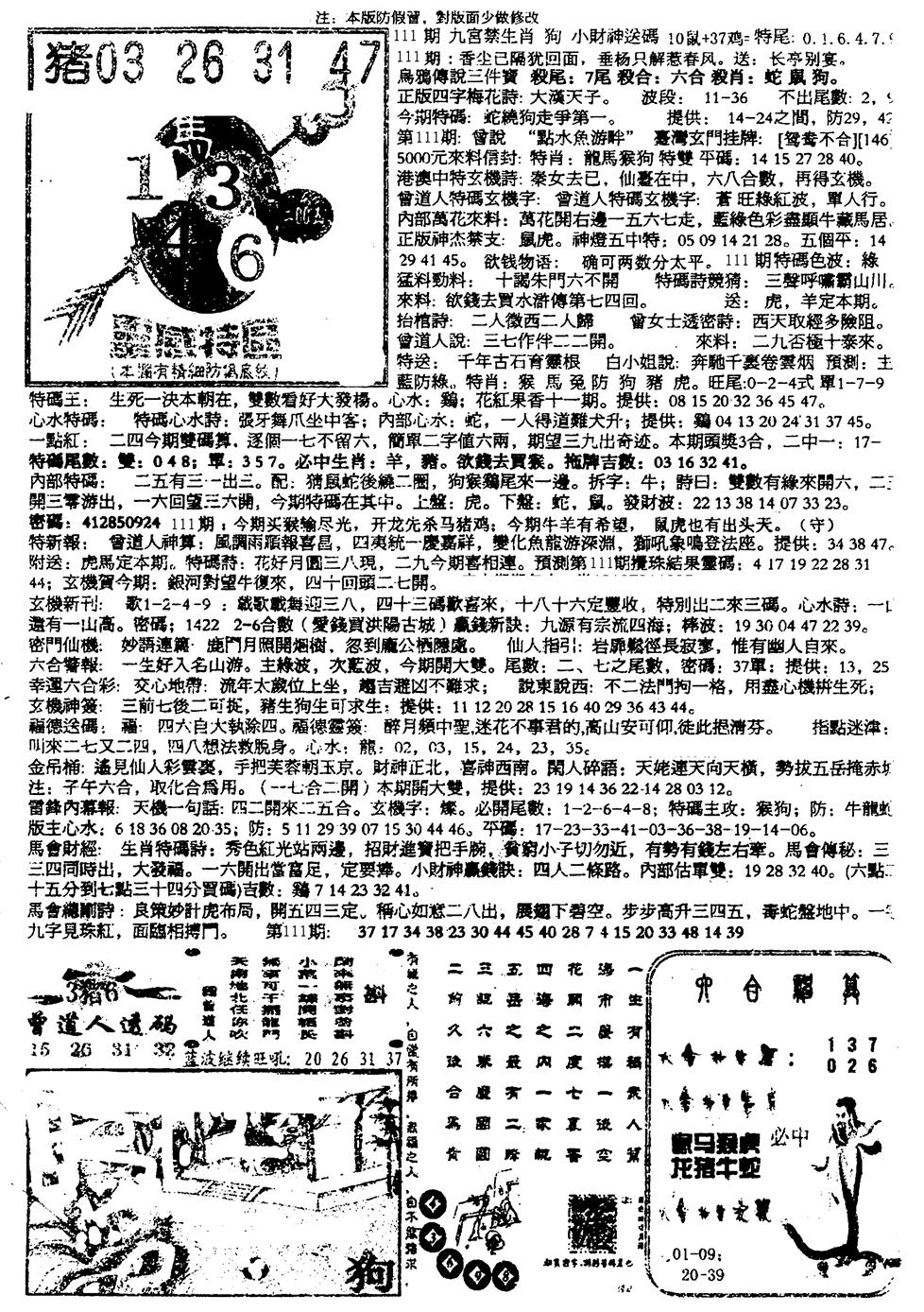 六合彩111期平西版彩霸王B(黑白)