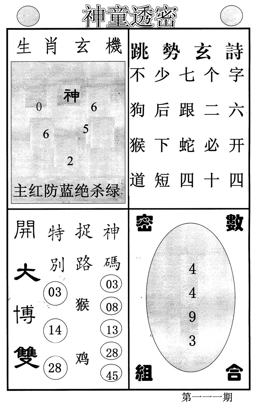 六合彩111期神童透密(黑白)