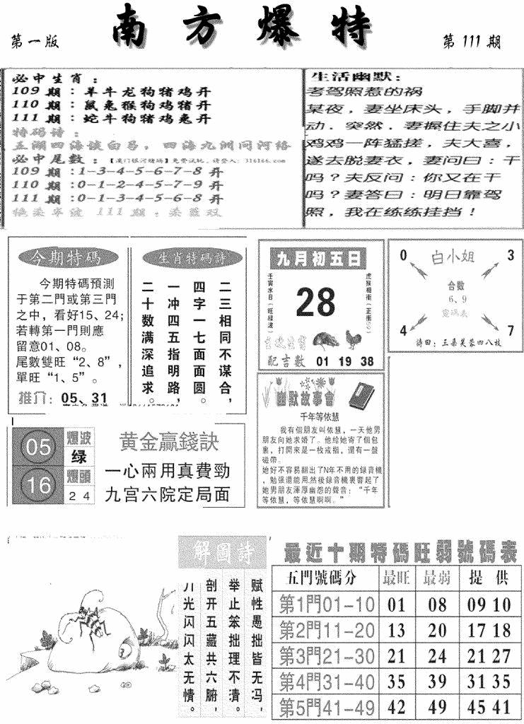 六合彩111期南方爆特A(新图)(黑白)