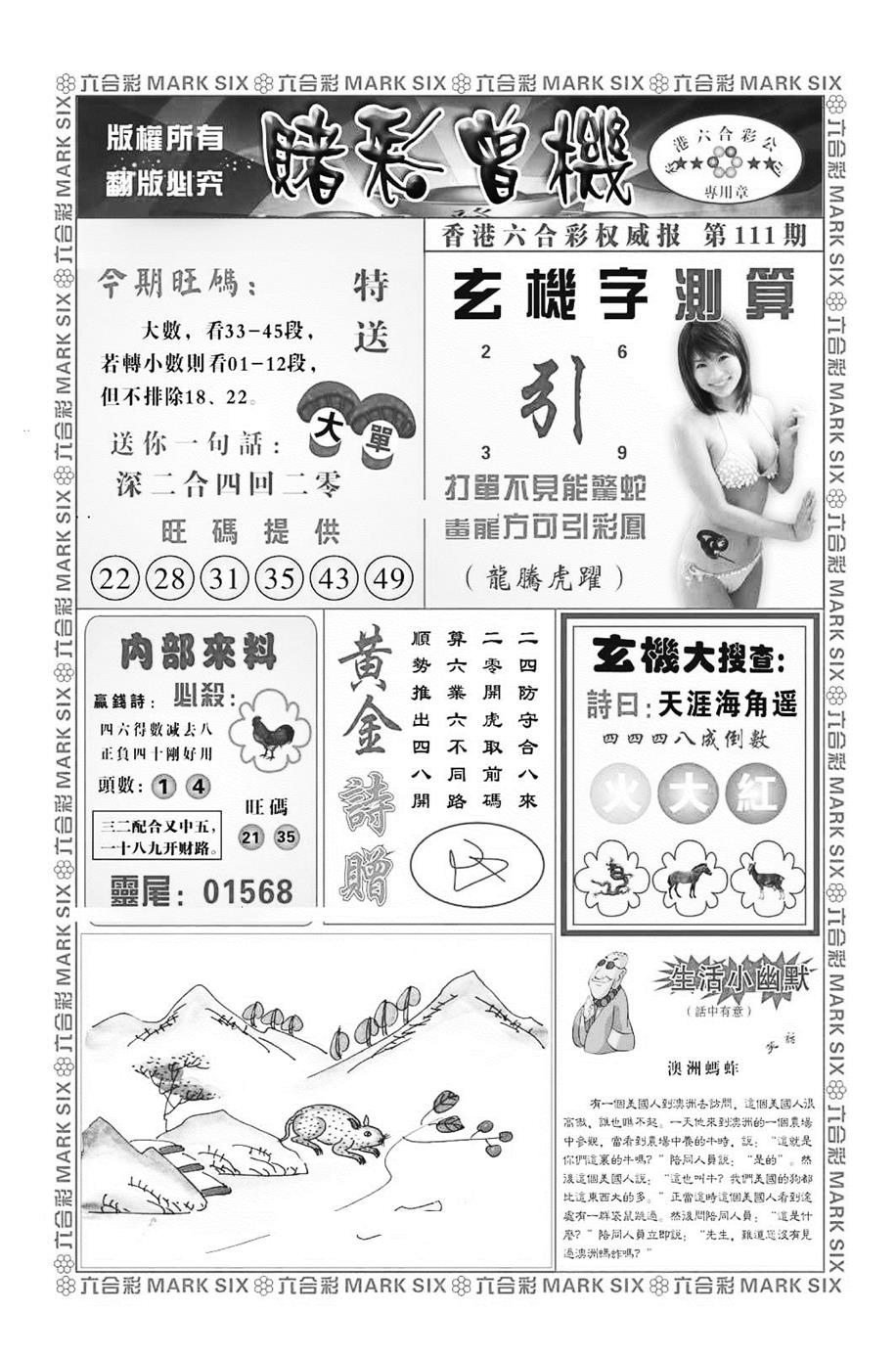 六合彩111期赌彩曾机（新图）(黑白)
