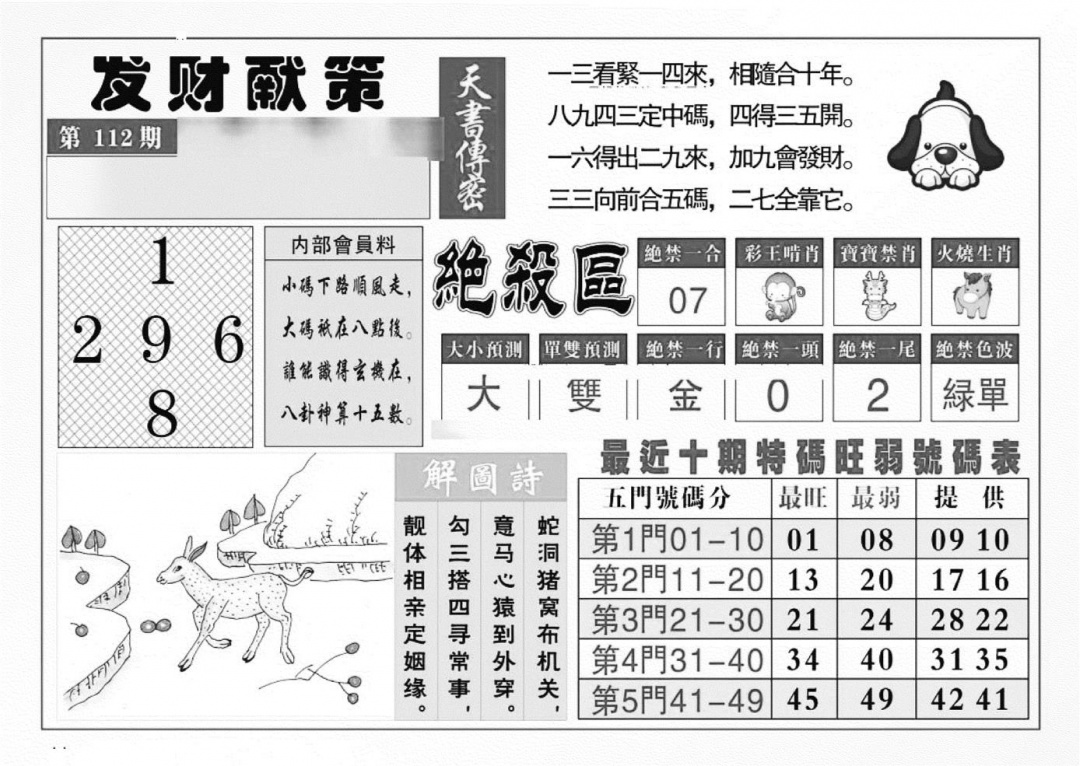 六合彩112期发财献策(特准)(黑白)
