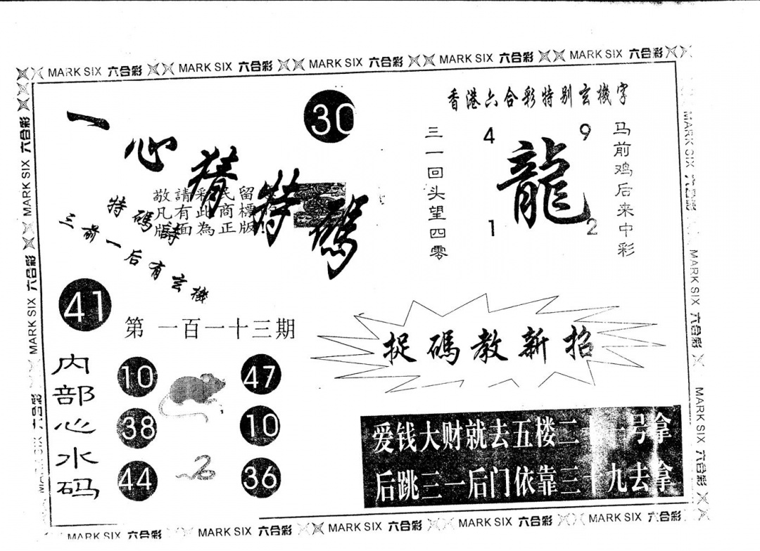 六合彩113期另版一心猜特码(黑白)