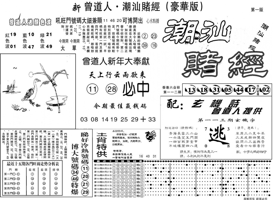 六合彩113期另潮汕赌经濠华版A(黑白)
