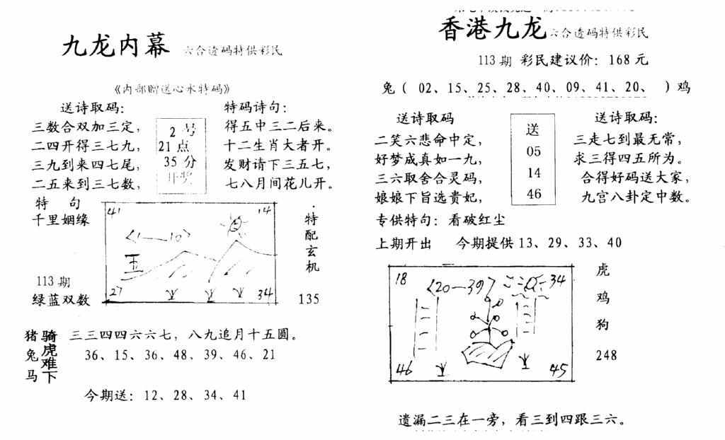 六合彩113期九龙内幕-开奖报(早图)(黑白)