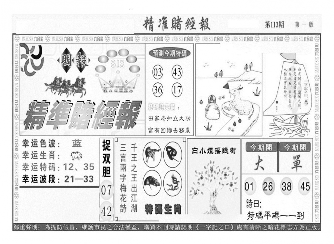 六合彩113期精准赌经报A（新图）(黑白)