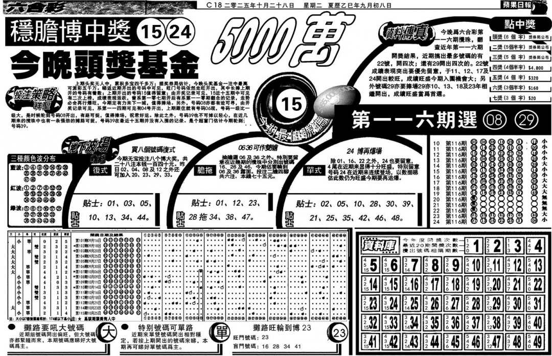 六合彩116期当日苹果日报(黑白)