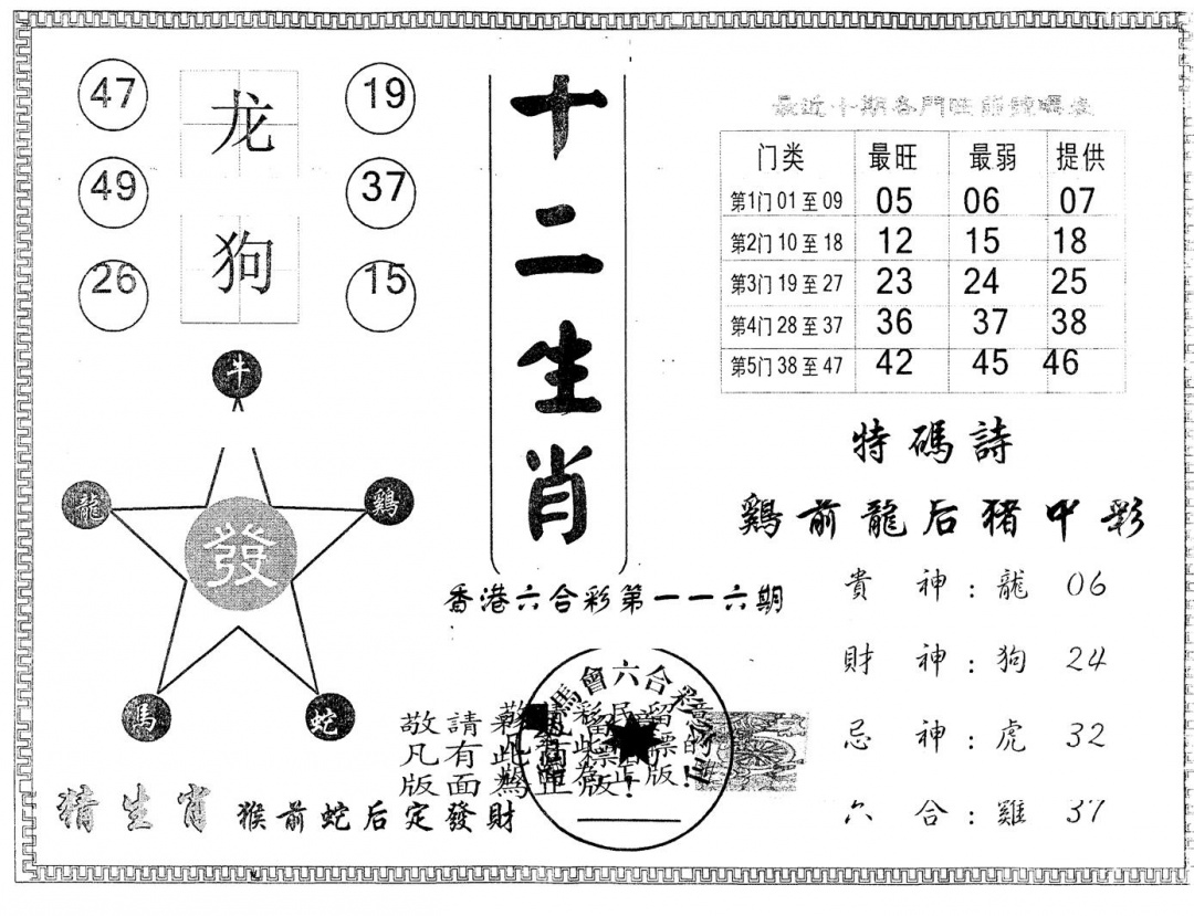 六合彩116期另版十二生肖(黑白)