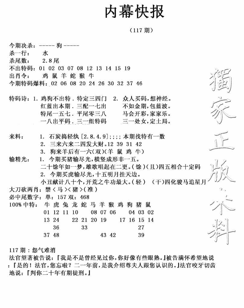 六合彩117期内幕快报(新图)(黑白)