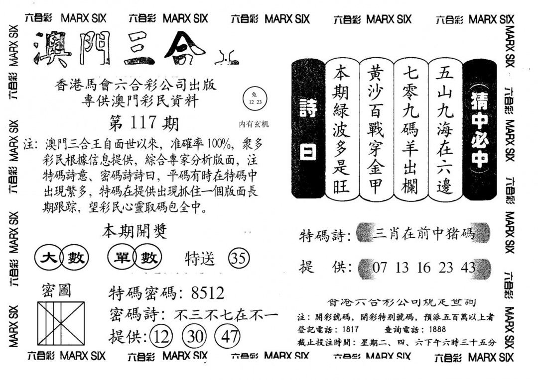 六合彩117期另澳门三合王A(黑白)