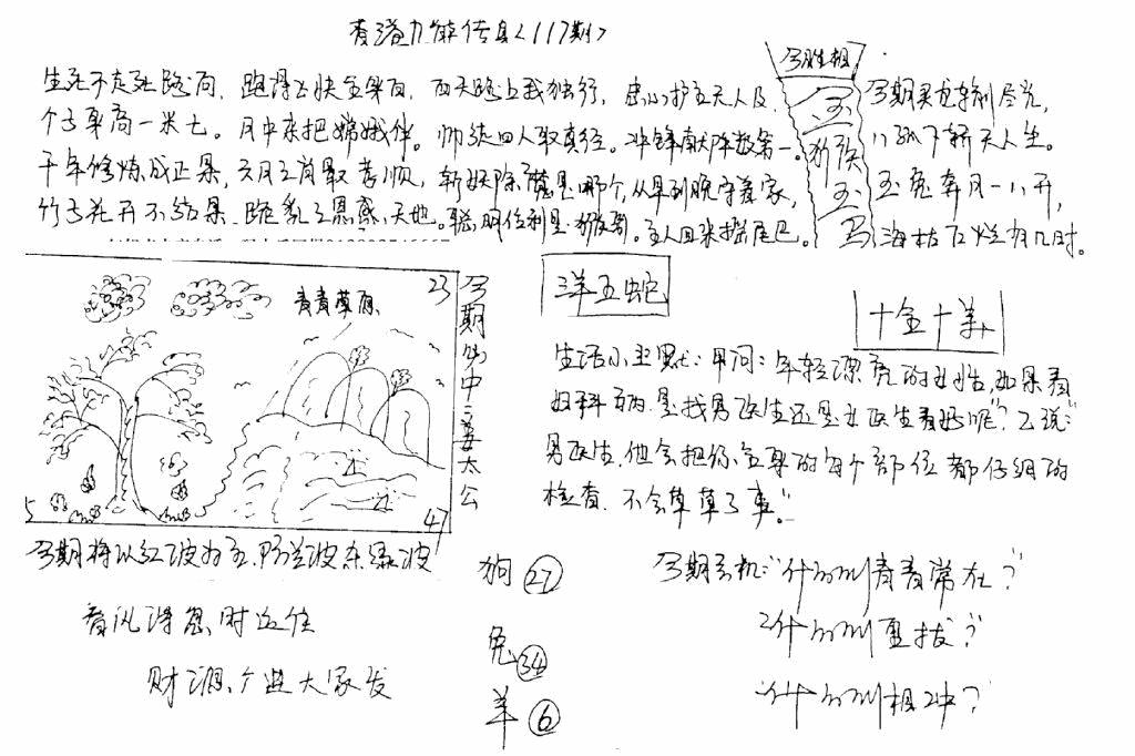 六合彩117期手写九龙内幕(早图)(黑白)