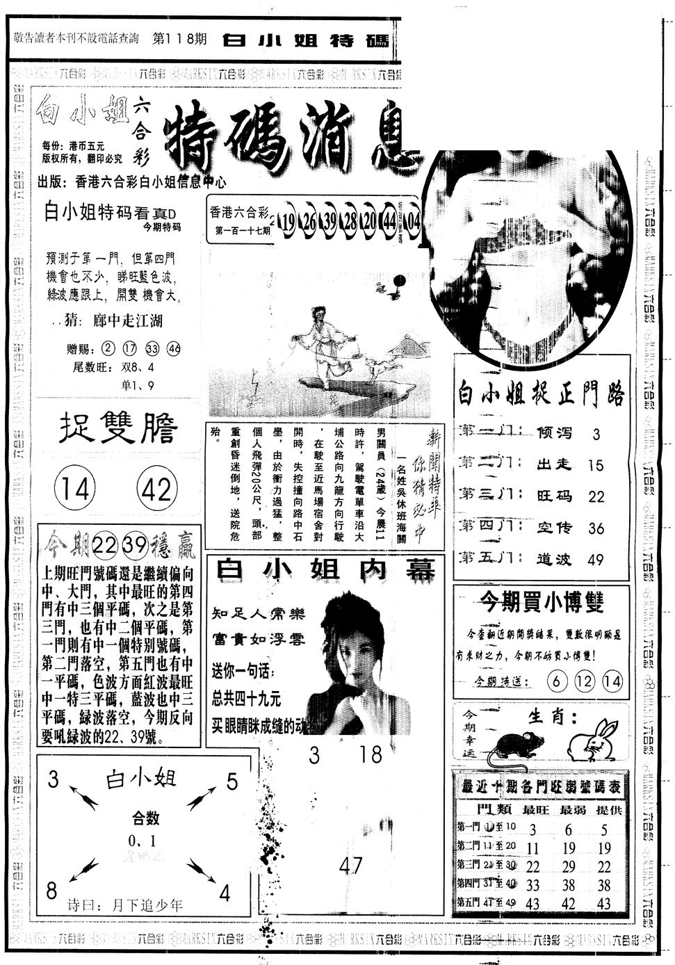 六合彩118期另版白姐特码消息A(黑白)