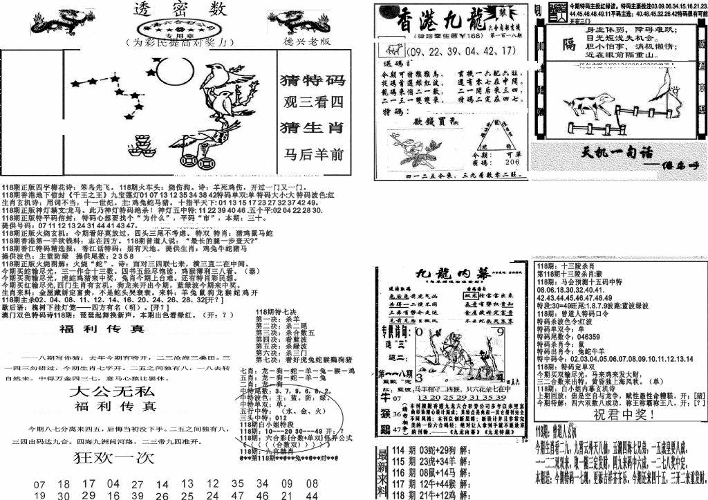 六合彩118期新透密数A(新)(黑白)