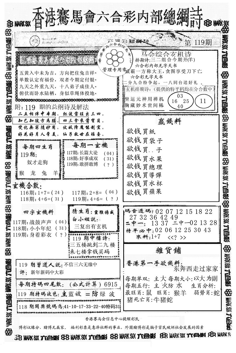 六合彩119期马会总刚(黑白)