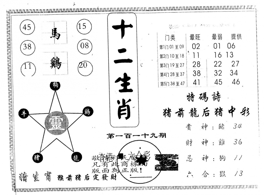 六合彩119期另版十二生肖(黑白)