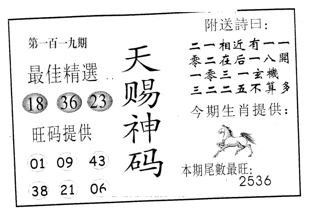 六合彩119期天赐神码(黑白)