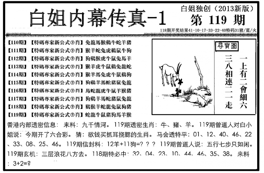 六合彩119期白姐内幕传真-1(新图)(黑白)