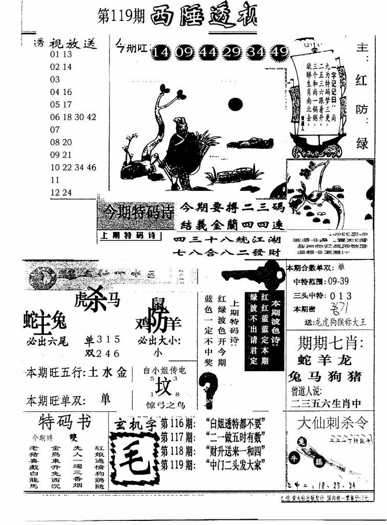 六合彩119期广东西陲透视(新报)(黑白)