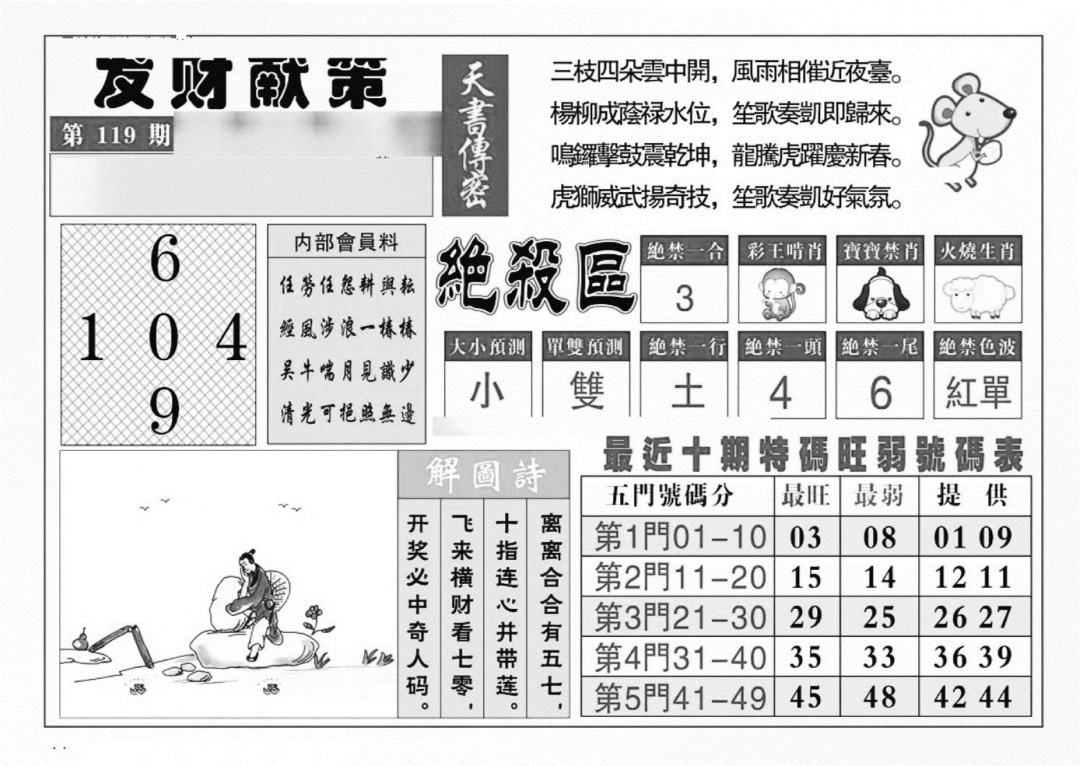 六合彩119期发财献策(特准)(黑白)
