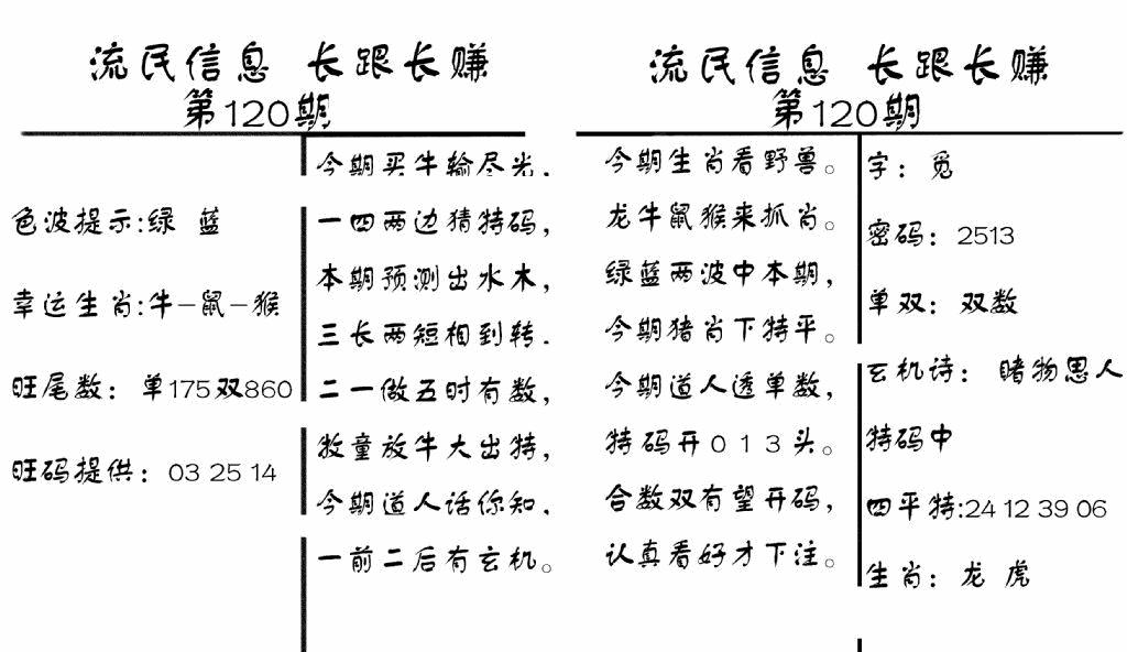 六合彩120期流民信息(黑白)