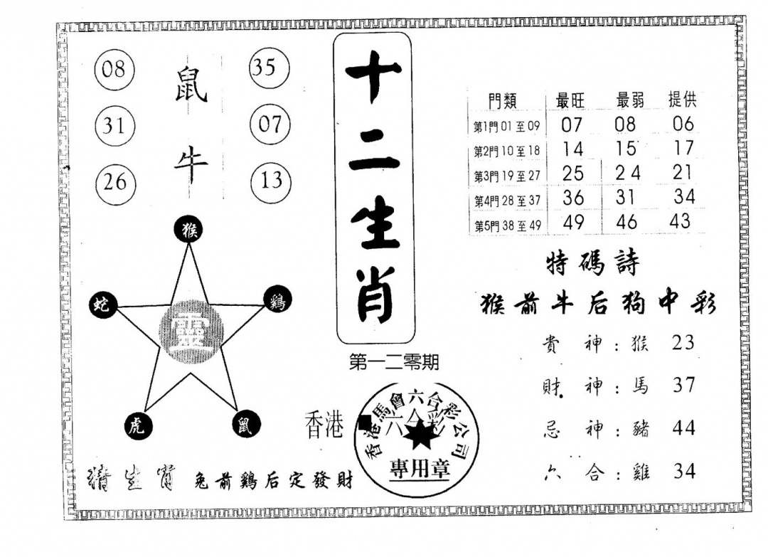 六合彩120期十二生肖(黑白)