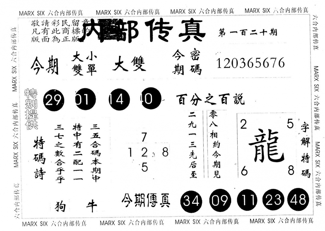 六合彩120期另版内部传真(黑白)