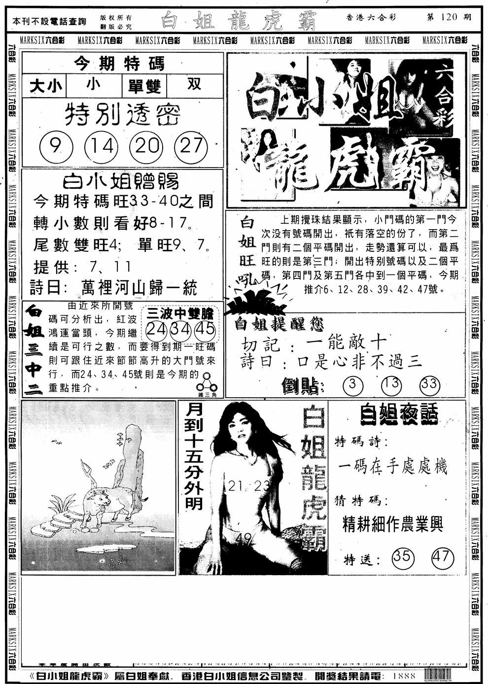 六合彩120期另版白小姐龙虎斗A(黑白)