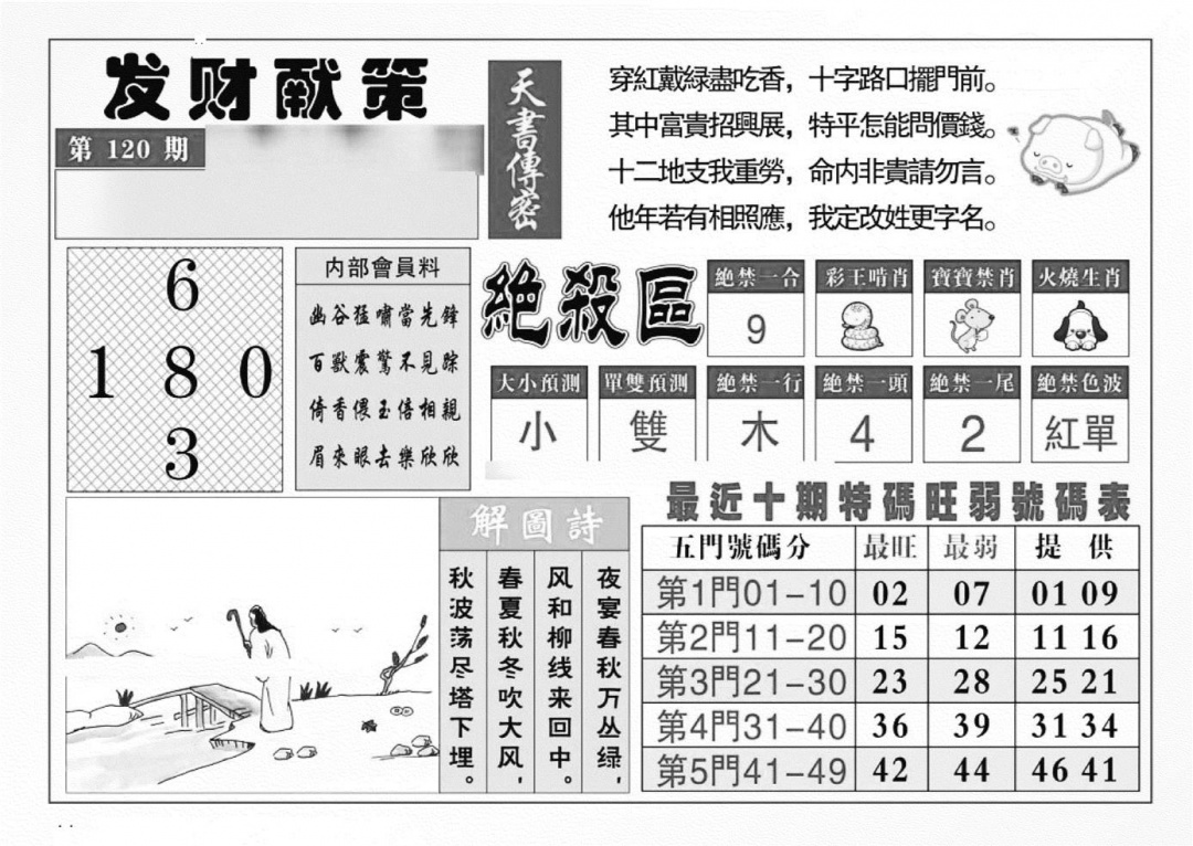 六合彩120期发财献策(特准)(黑白)