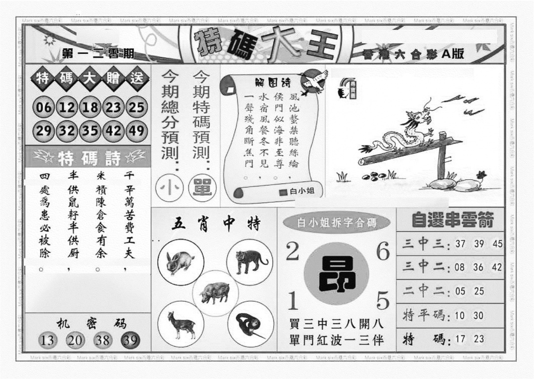 六合彩120期特码大王A（新图）(黑白)