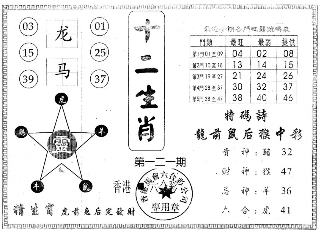 六合彩121期十二生肖(黑白)