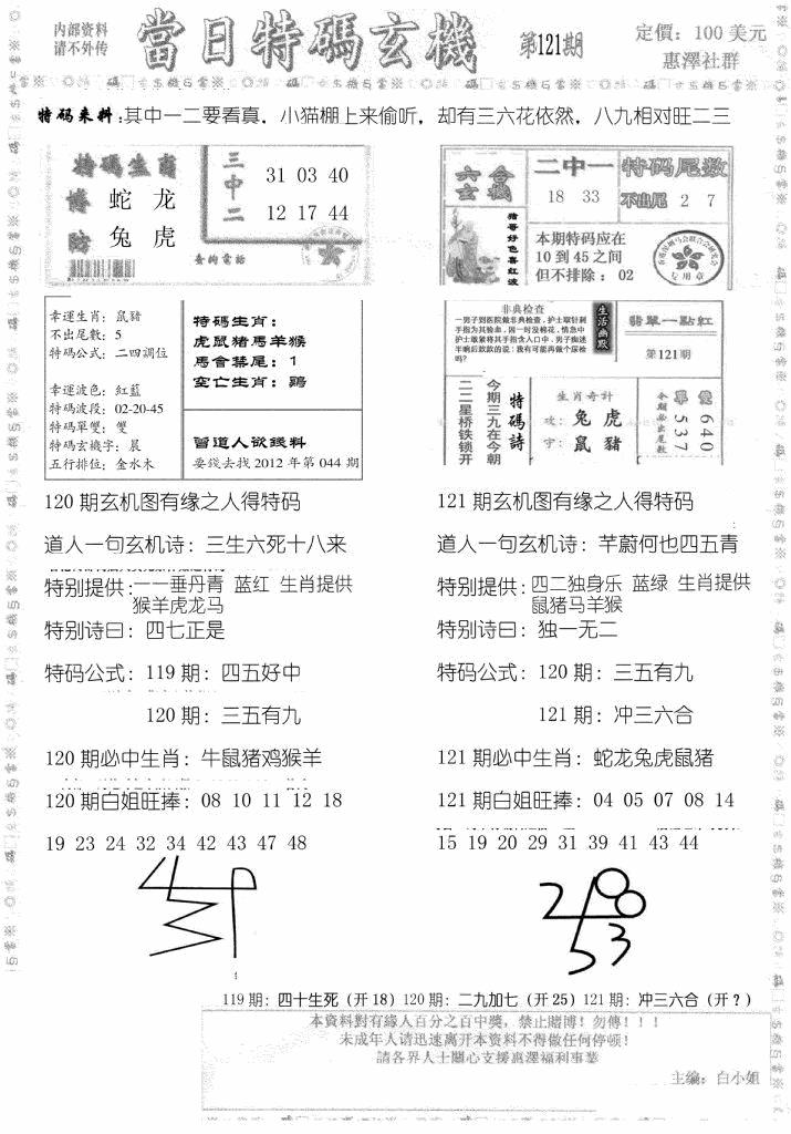 六合彩121期当日特码玄机B(黑白)