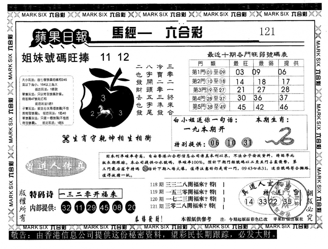 六合彩121期苹果日报A(黑白)