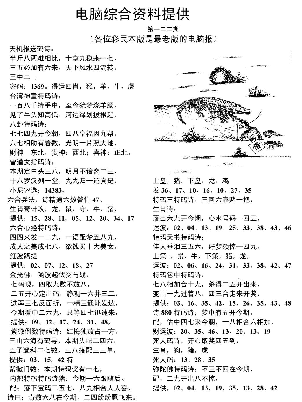 六合彩122期当日电脑综合资料C(黑白)