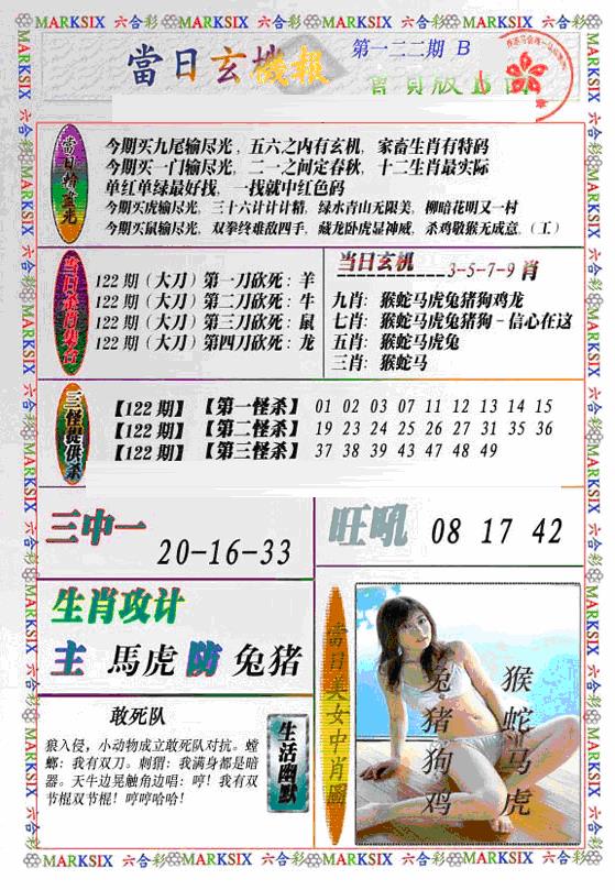六合彩122期当日特码玄机B(新)(黑白)