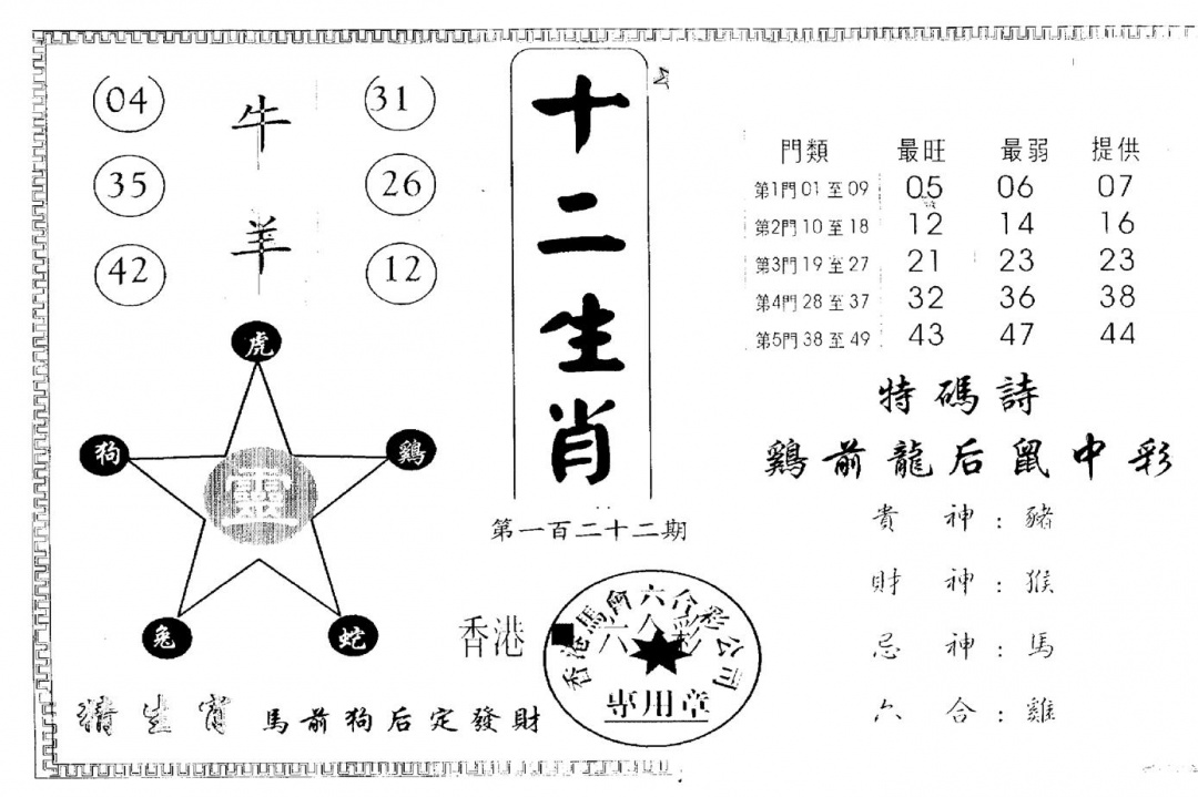 六合彩122期另版十二生肖(黑白)