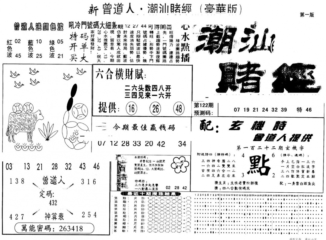 六合彩122期另版潮汕赌经濠华版A(黑白)