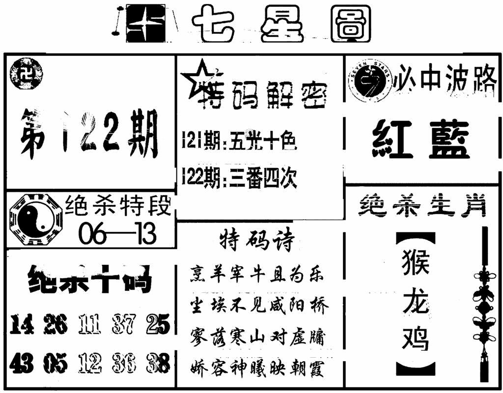 六合彩122期七星图(黑白)